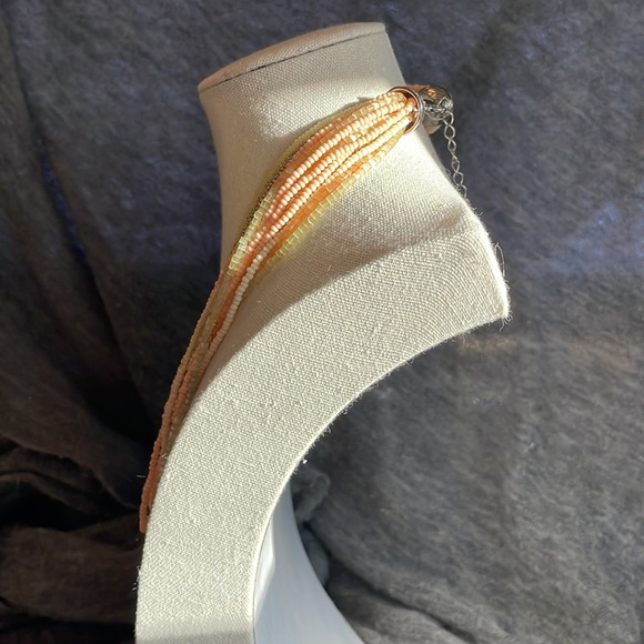 Gorgeous multi strand seed bead necklace in peach, lime, yellow, & silver. - Picture 5 of 12